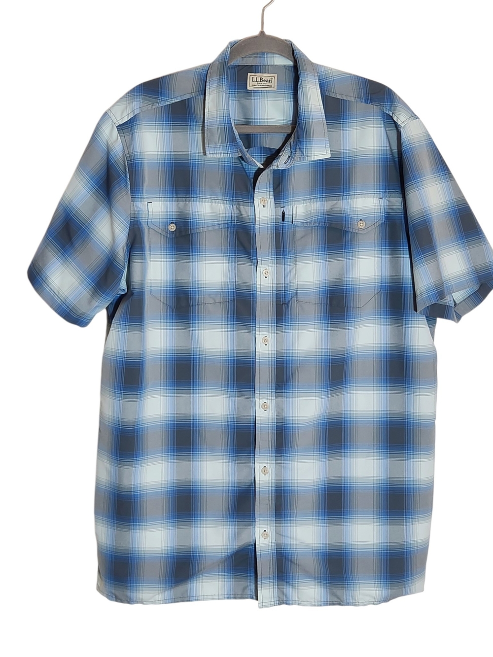 L.L.Bean Blue Plaid Short Sleeve Button Down Shirt No Size Tag Likely XL Tall